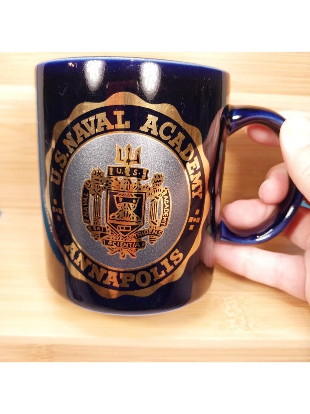 US Naval Academy Annapolis Blue Coffee Mug Gold Seal & Motto Traub 2004 Navy